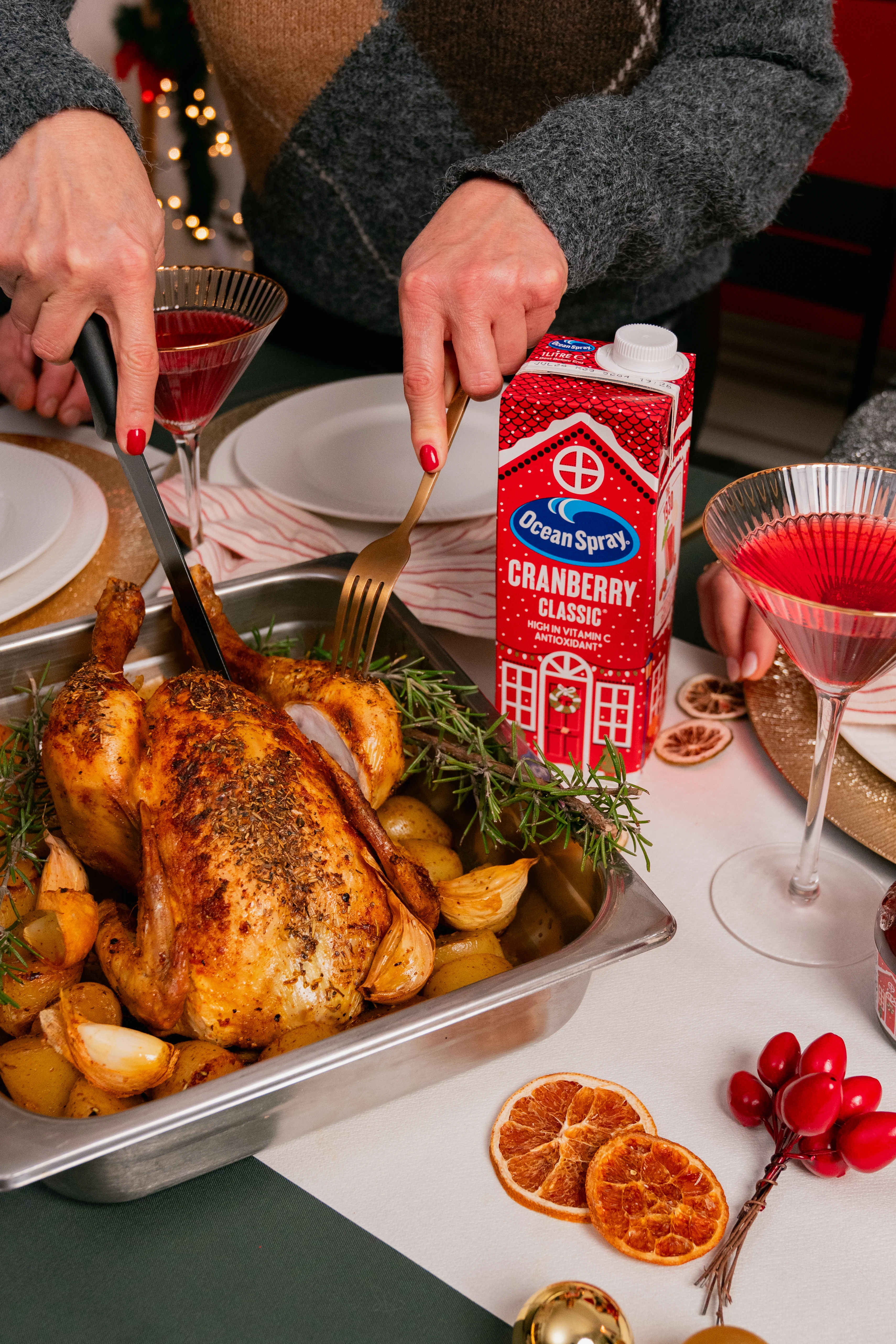 Image of Cranberry Classic Juice and a turkey being carved