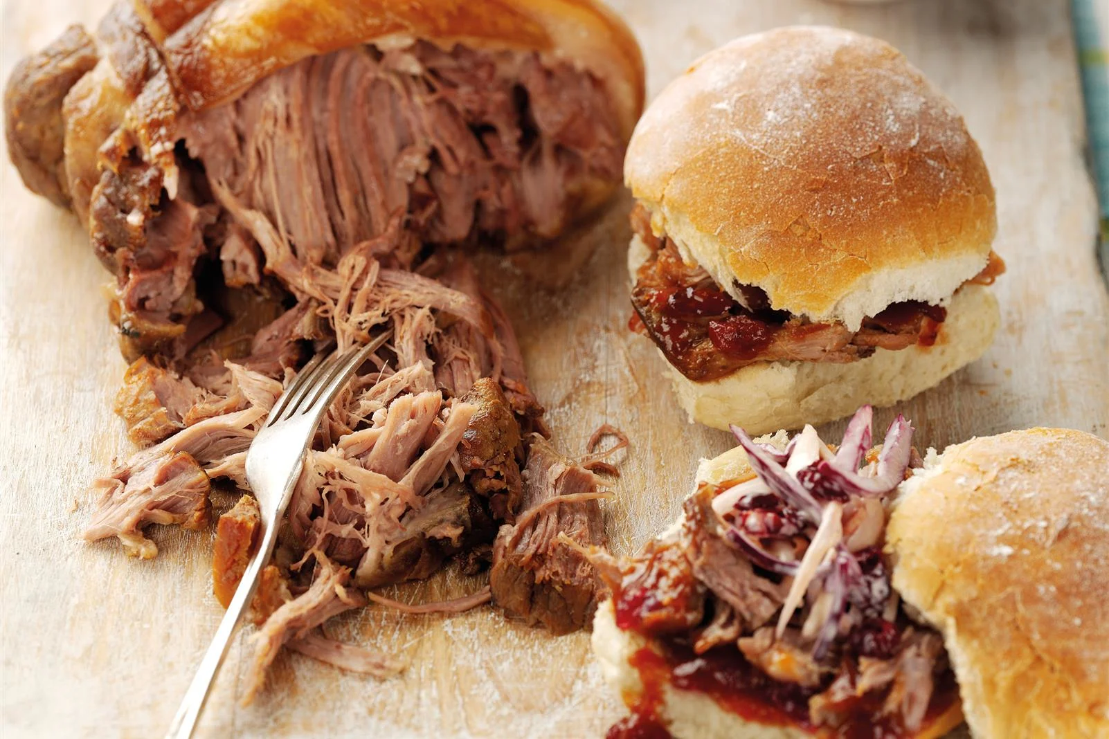 Slow-Cooked Sweet and Smokey Barbecue Pulled Pork Sandwiches with Cranberry & Chilli Sauce and Cranberry Coleslaw