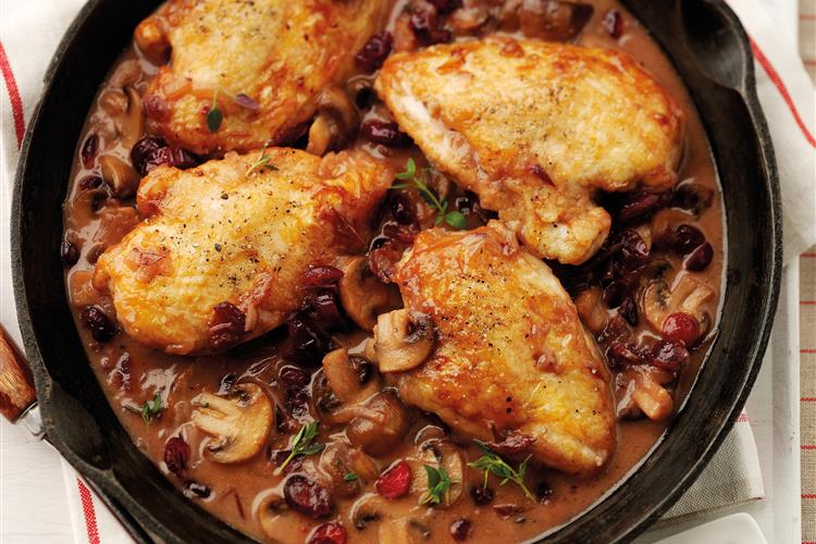 Pan Roasted Chicken with Cranberry and Mushroom Sauce