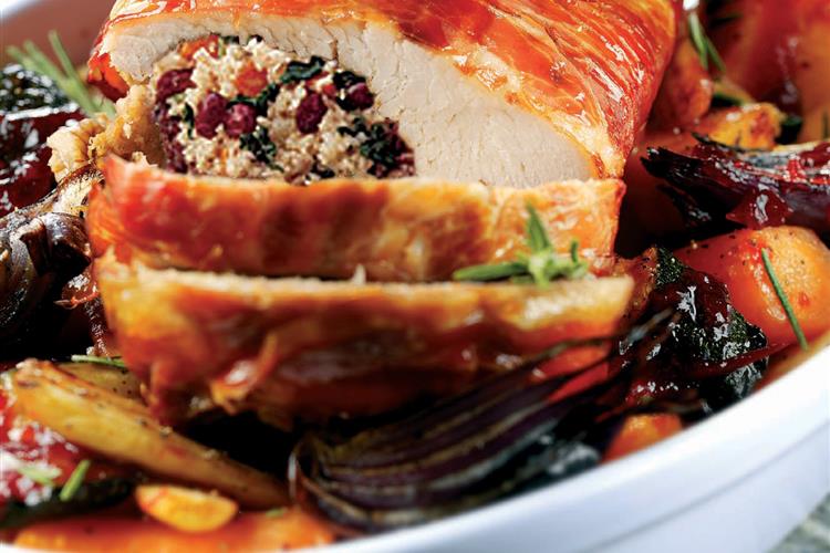 Roast Turkey with Parma Ham and Cranberry Glazed Root Vegetables