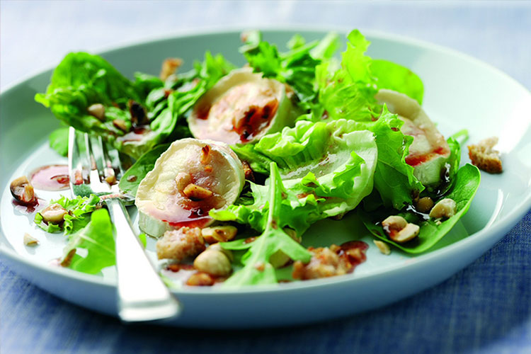 Roasted Goats’ Cheese Salad with Toasted Hazelnuts and Blueberry Dressing